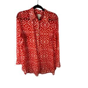 Chico’s Ikat Print Tunic Blouse Semi Sheer Popover Orange White sz 2 (L)